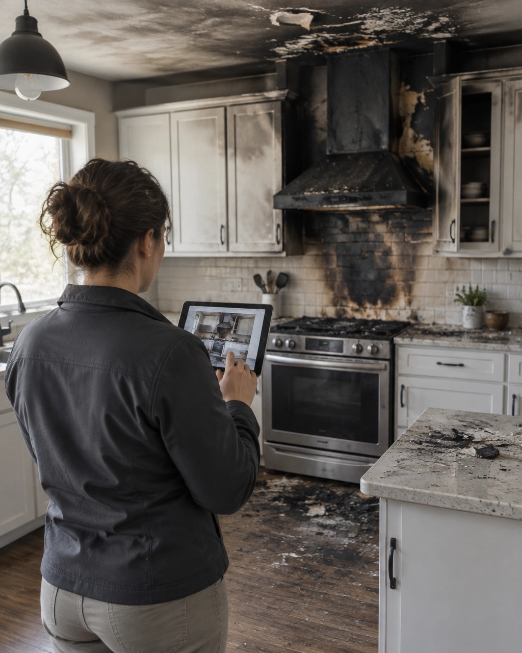 AI-generated illustrative image of a professional documenting fire damage; not an Aegis client, property, or claim
