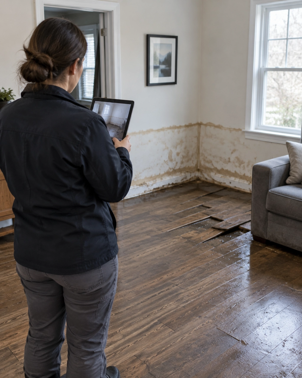 AI-generated illustrative image of flood damage documentation; not an Aegis client, property, or claim