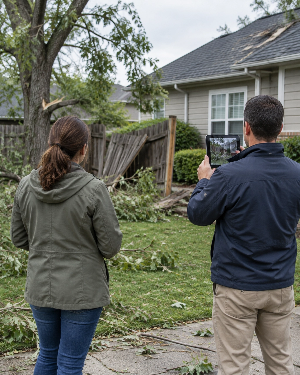 AI-generated illustrative image of storm damage documentation; not an Aegis client, property, or claim
