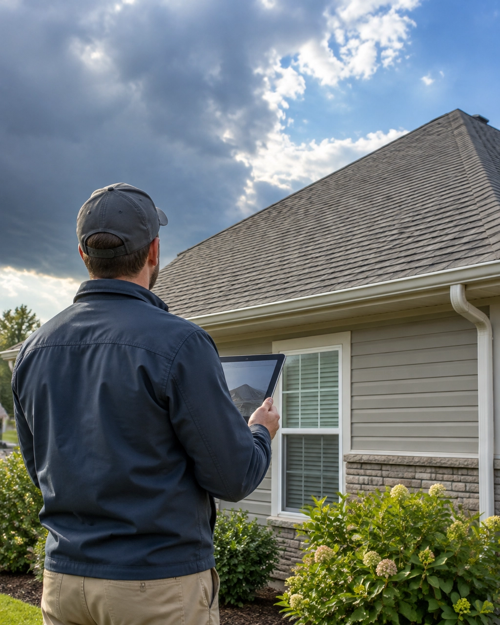 AI-generated illustrative image of a professional inspecting a roof; not an Aegis client, property, or claim
