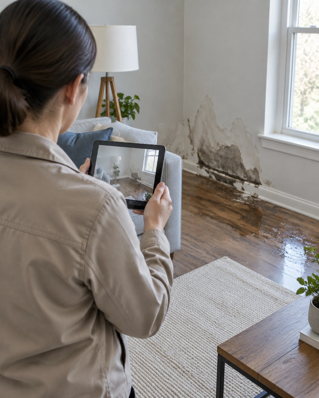 AI-generated illustrative image of a professional assessing water damage; not an Aegis client, property, or claim
